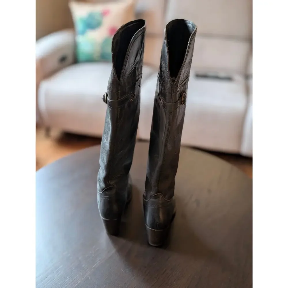 FRYE Shirley Over The Knee Boots Black Leather Tall Riding Buckle 77739 Women 9B